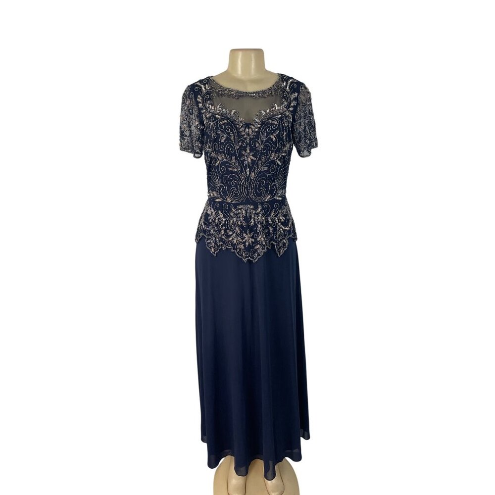 Vintage Pisarro Nights Navy Beaded Embellished Gown Short Sleeve Dress Sz  6